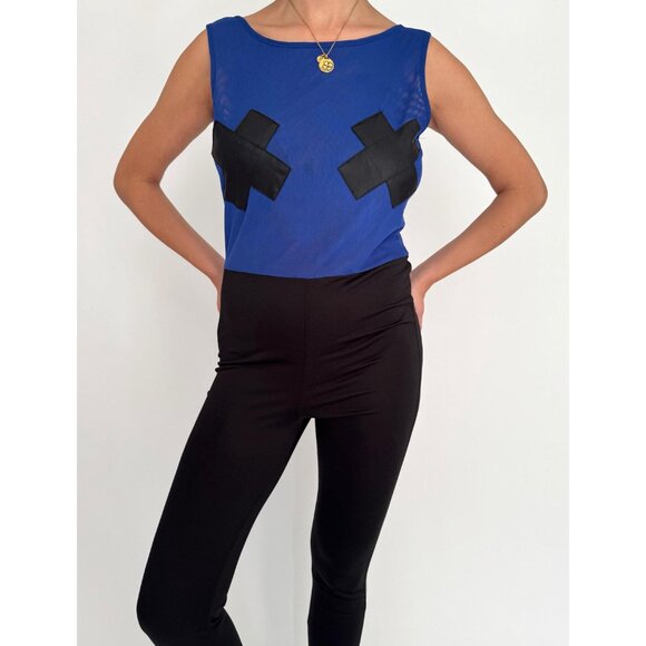 vintage blue fitted clubbing festival party backless mesh pant catsuit jumpsuit - Picture 4 of 9